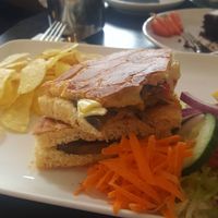 Mediterranean vegetables and vegan cheese on focaccia bread at Murray's in Barmouth