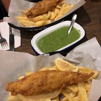 Fish and chips with mushy peas at Sutton and Sons in London