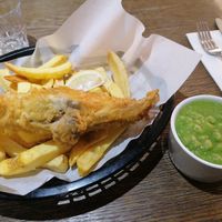 Banana blossom "fish and chips"+ peas at Sutton and Sons in London