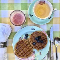 Waffles with raw honey, strawberry smoothie & green tea at The Bel Air Treehouse in Los Angeles