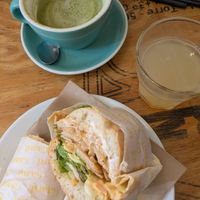 Hot chickn sarnie, matcha and sparkling apple at Gaard Coffee Hide in Sheffield
