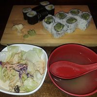 Miso soup, avocado roll & the veggie roll with cucumber, avocado & asparagus. at Edo Japan in Texas City