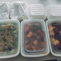 Fried brown rice, sweet & sour ribs, General Tai, Popcorn Chicken strips & white rice. at Buddha's Vegan Restaurant in Toronto