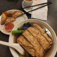 "Duck" noodle soup and dumplings at Buddha's Vegan Restaurant in Toronto
