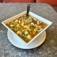 Corn and tofu soup  at Buddha's Vegan Restaurant in Toronto