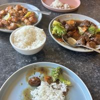 Lemon chicken and beef and broccoli   at Buddha's Vegan Restaurant in Toronto