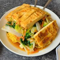 Imitation Duck and Vegetable Chow Mein at Buddha's Vegan Restaurant in Toronto