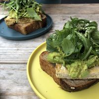Avocado toast with the tofu fried “egg” added to it.  at LB Kitchen in Portland