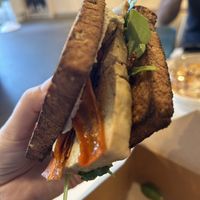 Vegan breakfast sandwich with carrot bacon   at LB Kitchen in Portland