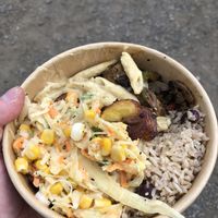 Jerk oyster mushrooms, plantain, mac and cheese, rice, coleslaw   at Livity Plant Based Cuisine in Croydon