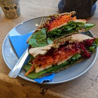 Veganza on brown pita at Manna in Elgin