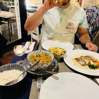 Soort van curry met veel groente en een Portugese seitan steek met mosterd saus   at Safari in Portimao