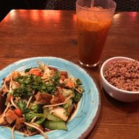 Vegan Veggie Stir Fry with Tofu. Brown rice. Ice Team with coconut milk. DELISH at KetMoRee in Davis