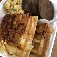 Pizza stuffed waffles, sausage, scramble at The Greener Kitchen in Baltimore