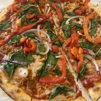 Vegan chorizo and vegan cheese with spicy red sauce   at Blaze Pizza in Little Rock
