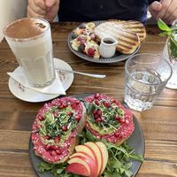 Beetroot hummus toast, chai w/ soy milk (non-vegan french toast)  at Panenská Kaviareň in Bratislava