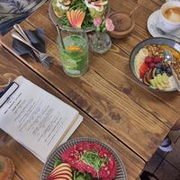 Beetroot bread, yoghurt with mango (vegan available), avocado bread (vegan option available) at Panenská Kaviareň in Bratislava