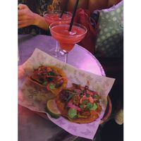 Grilled veggies tostadas and frozen strawberry margarita. Spot on :) at Lucy Lou in Utrecht