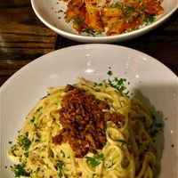 Carbonara & daily special: tomato sausage penne.  at Pura Vita in West Hollywood