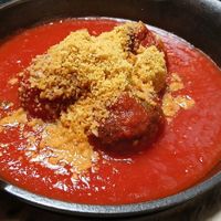 Meatballs appetizer, lentil and mushroom at Pura Vita in West Hollywood