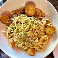 Linguine pasta w/ king oyster mushroom scallops   at Pura Vita in West Hollywood