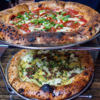 Americana and carbonara pizza   at Pura Vita in West Hollywood