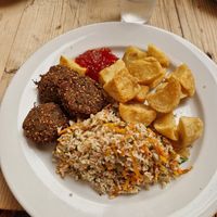 Lunch deal - Falafel & sweet chilli jam with cumin potatoes and pilaf salad at Medina in Aberystwyth