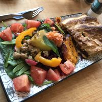 Salad with a really good pie with carrots and walnuts. Really tasty. at Mooplehog in Okehampton