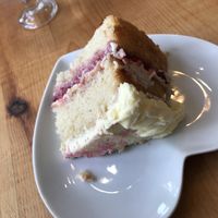 Strawberry vanilla cake. A bit sweet but really good. at Mooplehog in Okehampton