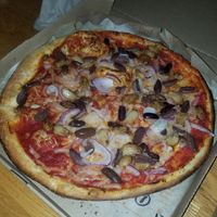 Vegan build-your-own pizza (with onion, olives and garlic) at Blaze Pizza in San Clemente