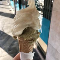 Pistachio + pear and ginger. The cone is vegan too at Gelateria Gnam Gnam in Padua