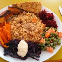 Roasted pumpkin,  shredded veggies w/vegan mayo, bulgur and smoked tofu and a salted pie at Semente Centro Macrobiótico de Braga in Braga