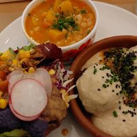 Soup, salad and "meat" balls made from veggies at Lo de Ponxe En El Kinto Pino in Valencia