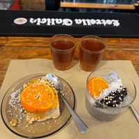 Cheesecake + Chia pudding (with kukicha teas) at Lo de Ponxe En El Kinto Pino in Valencia