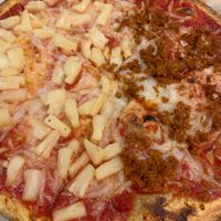 Half chorizo and half pineapple (stop judging me!) 😂 at Blaze Pizza in Cambridge