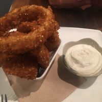 Best onion rings ever! With garlic mayo   at Fresh on Spadina in Toronto