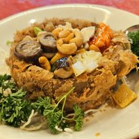 Yam pastry ring filled with veggies and cashews at Eight Treasures Vegetarian 八宝素食馆 in Central Singapore