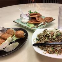 Three dishes in small portions at Eight Treasures Vegetarian 八宝素食馆 in Central Singapore