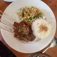 Tempeh sticks, rice and vegetables  at Soka Warung in Penida Island