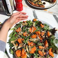 Sweet potato salad, vegan version: mixed leaf salad, sweet potato slices, oyster mushrooms, vegan cheese, pomegranate, sunflower&pumpkin seeds, red wine vinegar at Pizza Express in Paphos