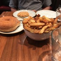 Dessert time!!! Peanut butter cookie cinnamon donut and French fries!!! So good 😁 at Fresh Kitchen + Juice Bar in Toronto