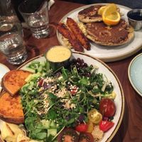 All star salad, pancake plate at Fresh Kitchen + Juice Bar in Toronto