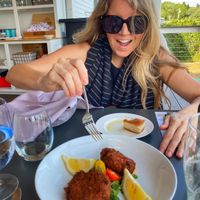 Lucy digging in! at The Causeway in Spruce Head