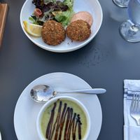 Vegan crab cakes and zucchini basil soupp  at The Causeway in Spruce Head