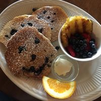 Smiling blueberry pancakes grilled pineapple  at The Causeway in Spruce Head