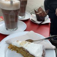 Chili cacao, carrot cake (a little bit small considering the price) , pear muffin   at Café Oink in Leipzig