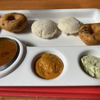 Idly and vada with sambar and chutney (part of the South Indian platter - also comes with a masala dosa)   at Bikanervala in Christchurch