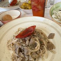 Spaghetti with mushrooms and flaked truffles    at Rosmarino in Taormina