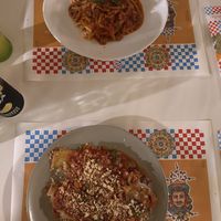 Vegan Lasagna and Spaghetti with Seitan   at Capriccio Siciliano in Cefalu