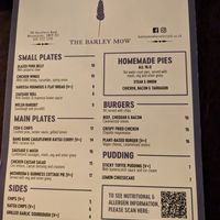 Menu as of May 6 at The Barley Mow in London